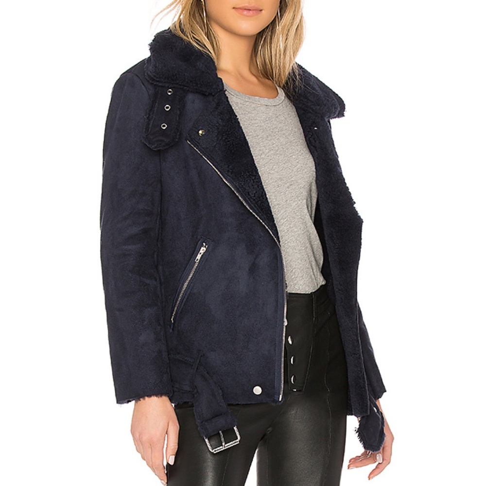 J.O.A. Navy Faux Shearling Biker Jacket Sz XS - Picture 2 of 7